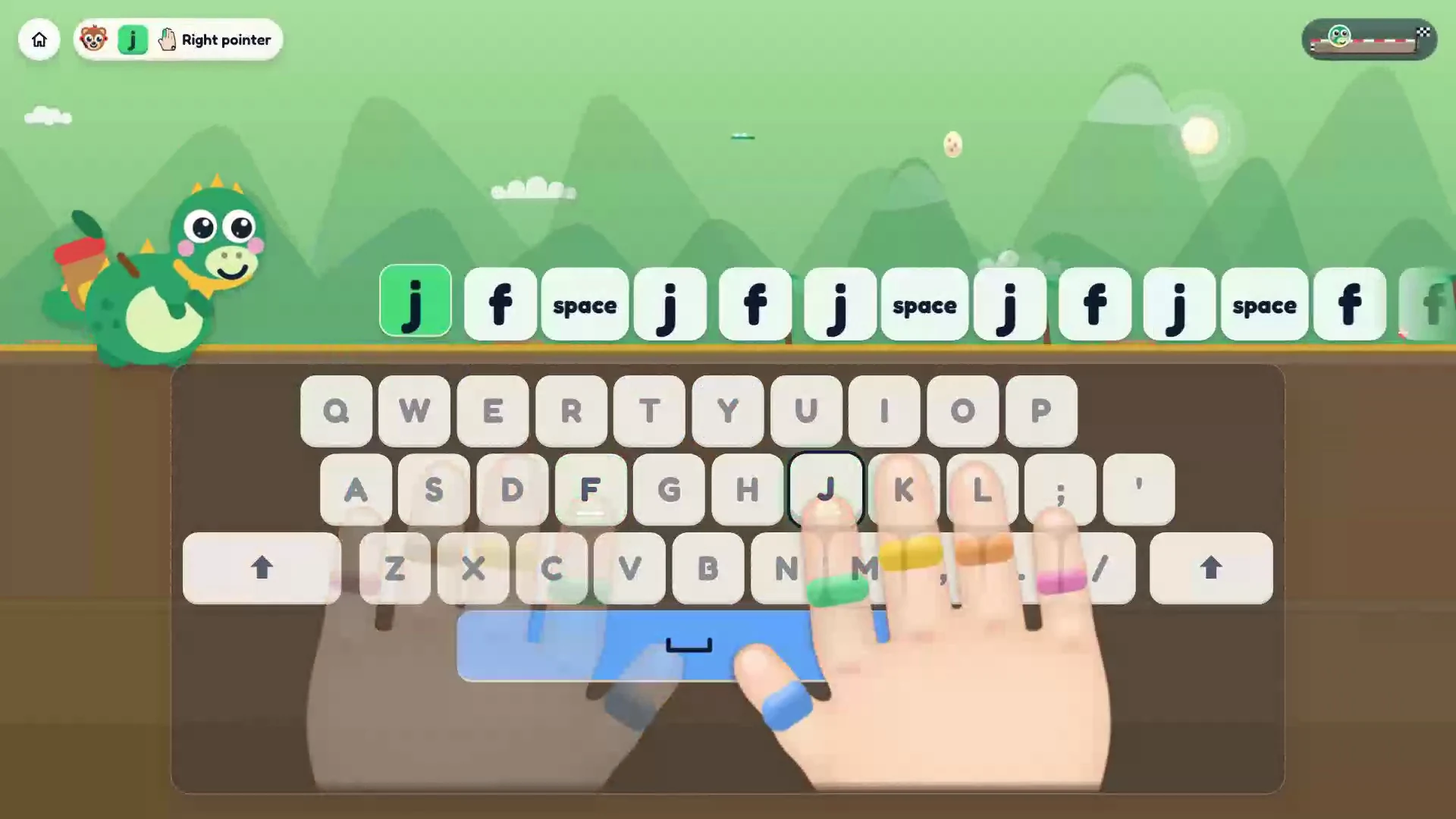 A Dino Dash typing lesson with finger guidance