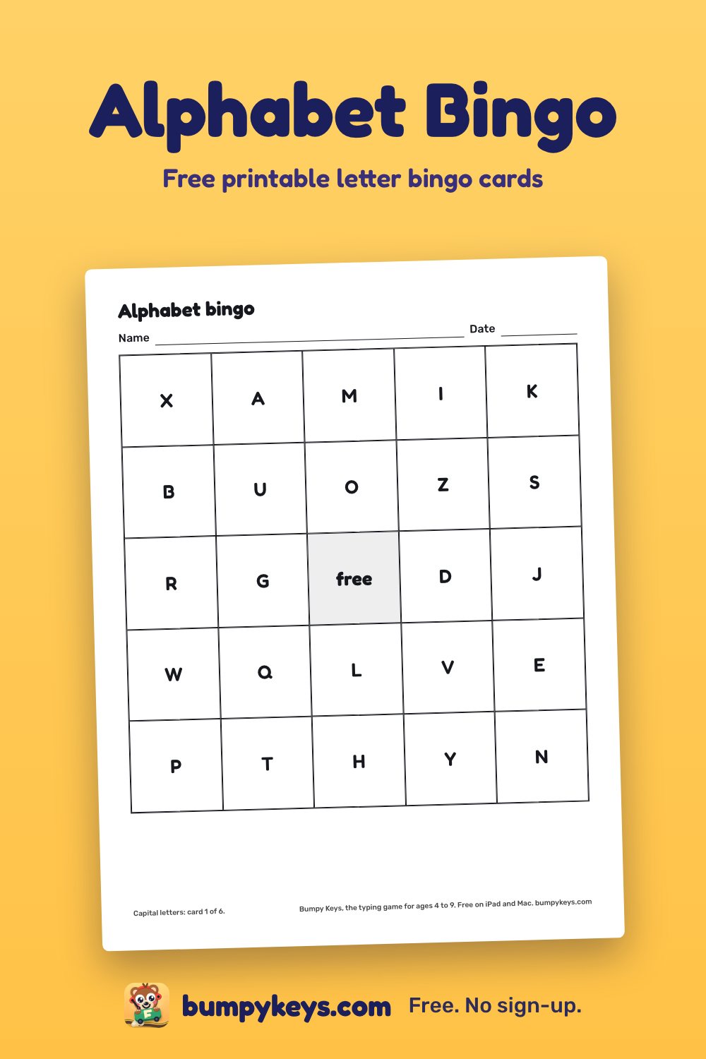 A printed alphabet bingo card: five rows of five capital letters with a free square in the middle