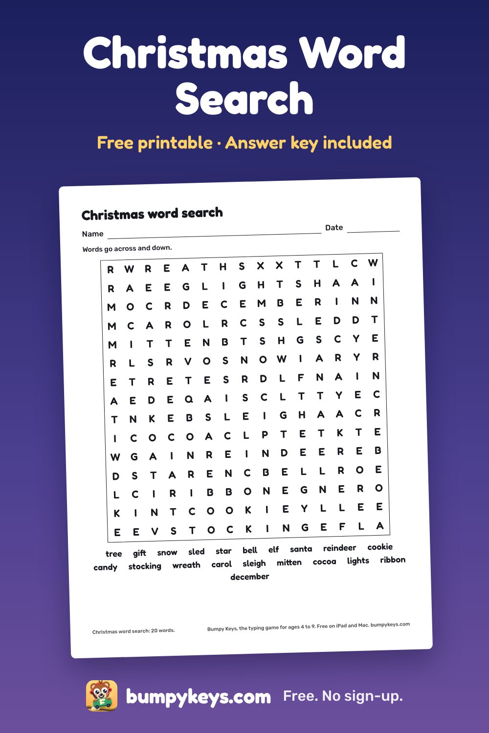 A printed Christmas word search: a grid of letters with a list of 20 words to find under it