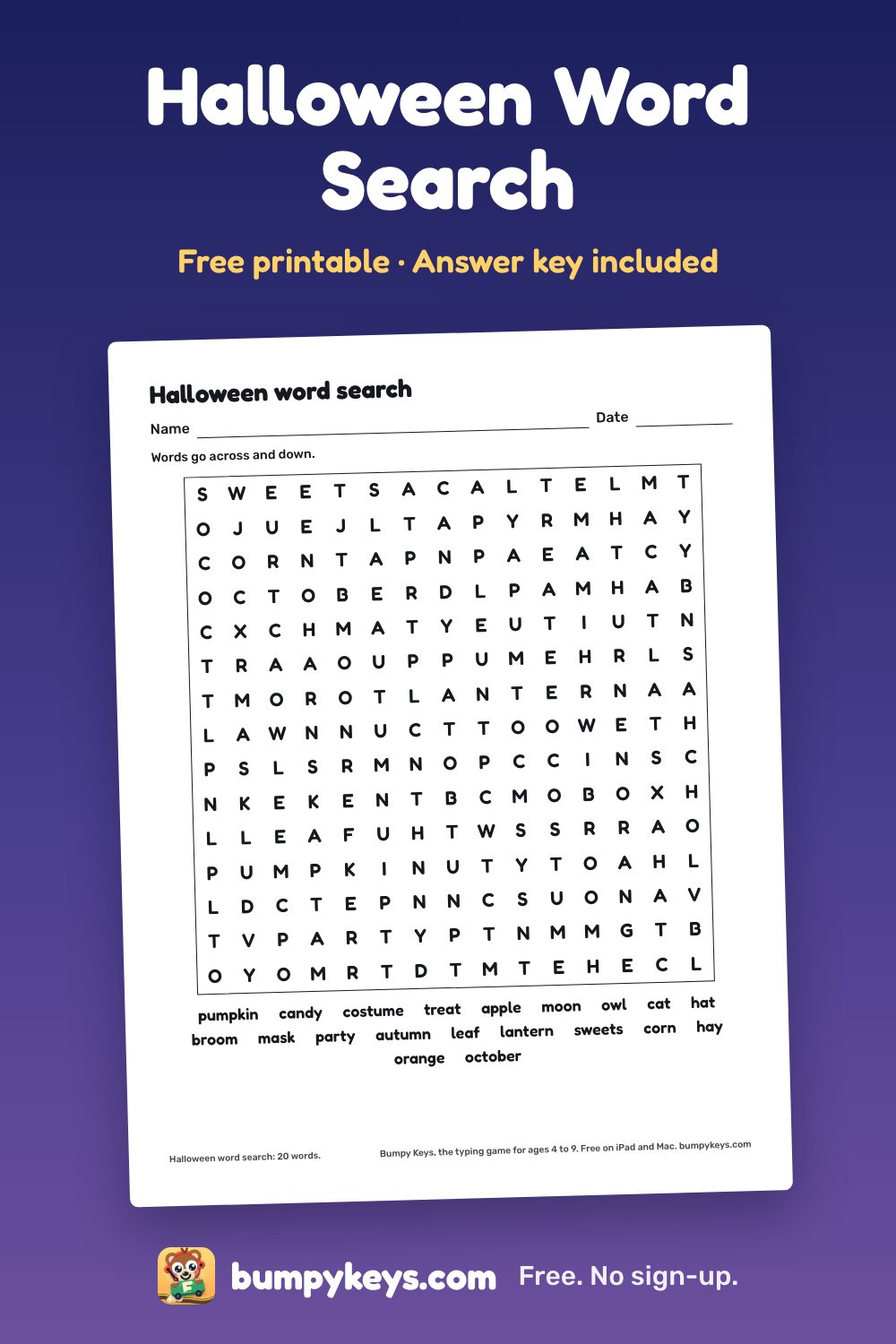 A printed Halloween word search: a grid of letters with a list of 20 words to find under it