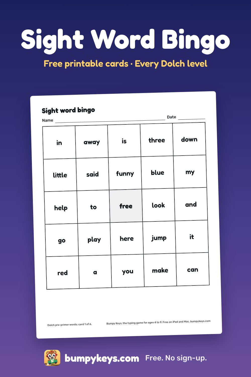 A printed sight word bingo card: five rows of five words with a free square in the middle
