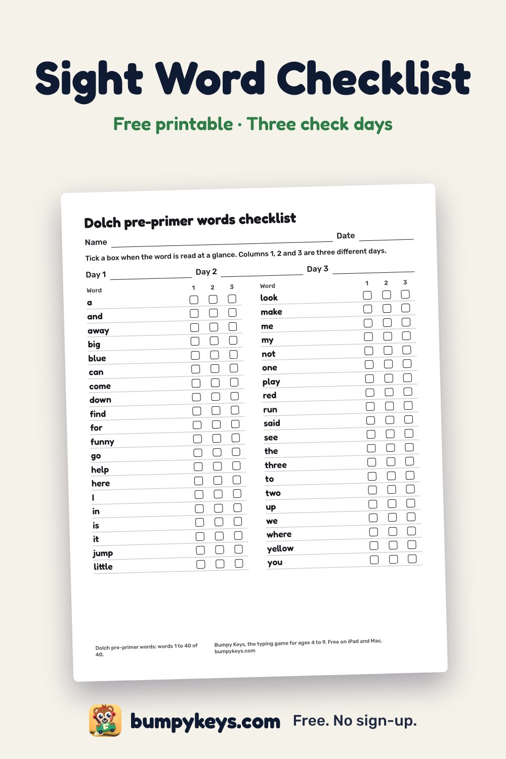 A printed sight word checklist: forty words in two columns, each with three boxes to tick