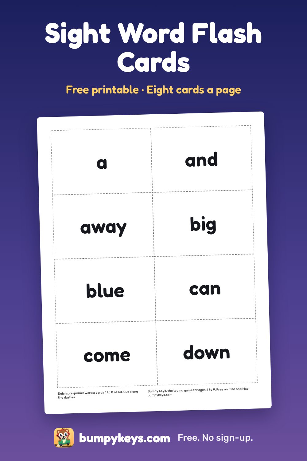 A printed page of eight sight word flash cards with dashed lines to cut along