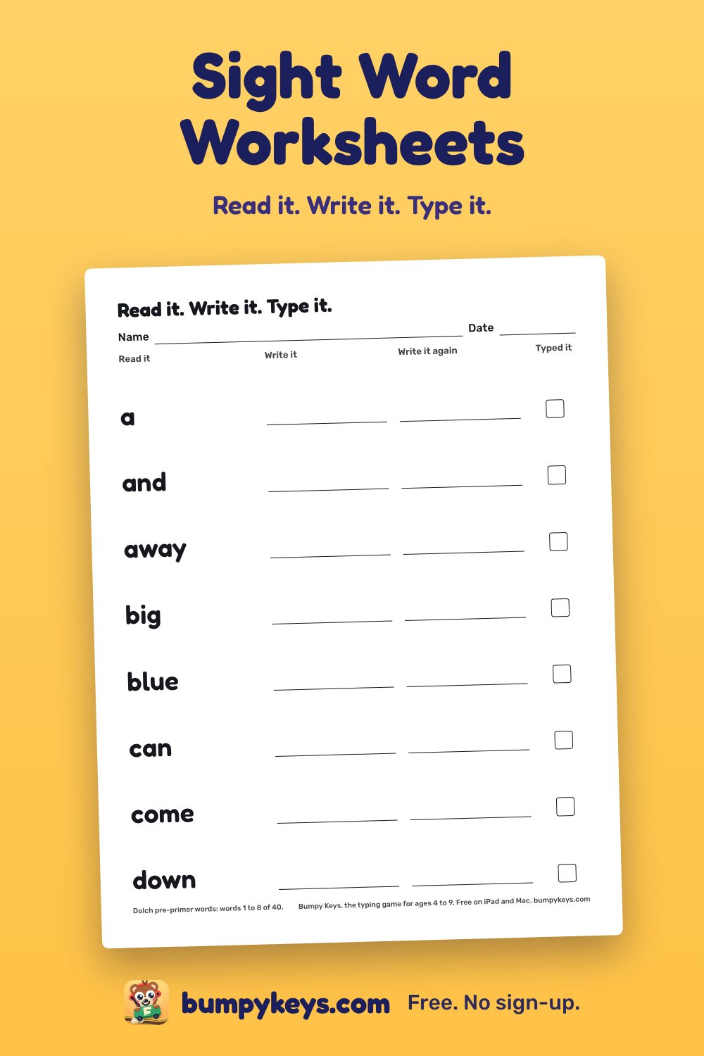 A printed sight word worksheet: eight words, each with two lines to write it on and a box to tick