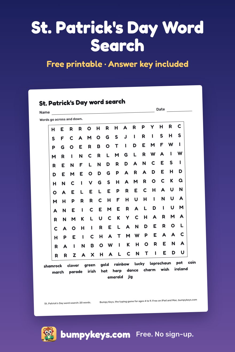 A printed St. Patrick's Day word search: a grid of letters with a list of 20 words to find under it