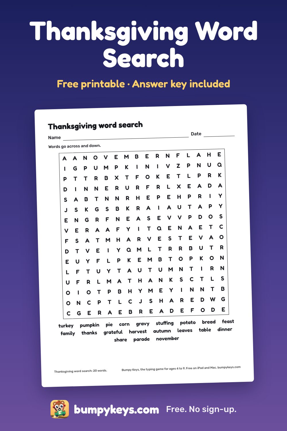 A printed Thanksgiving word search: a grid of letters with a list of 20 words to find under it