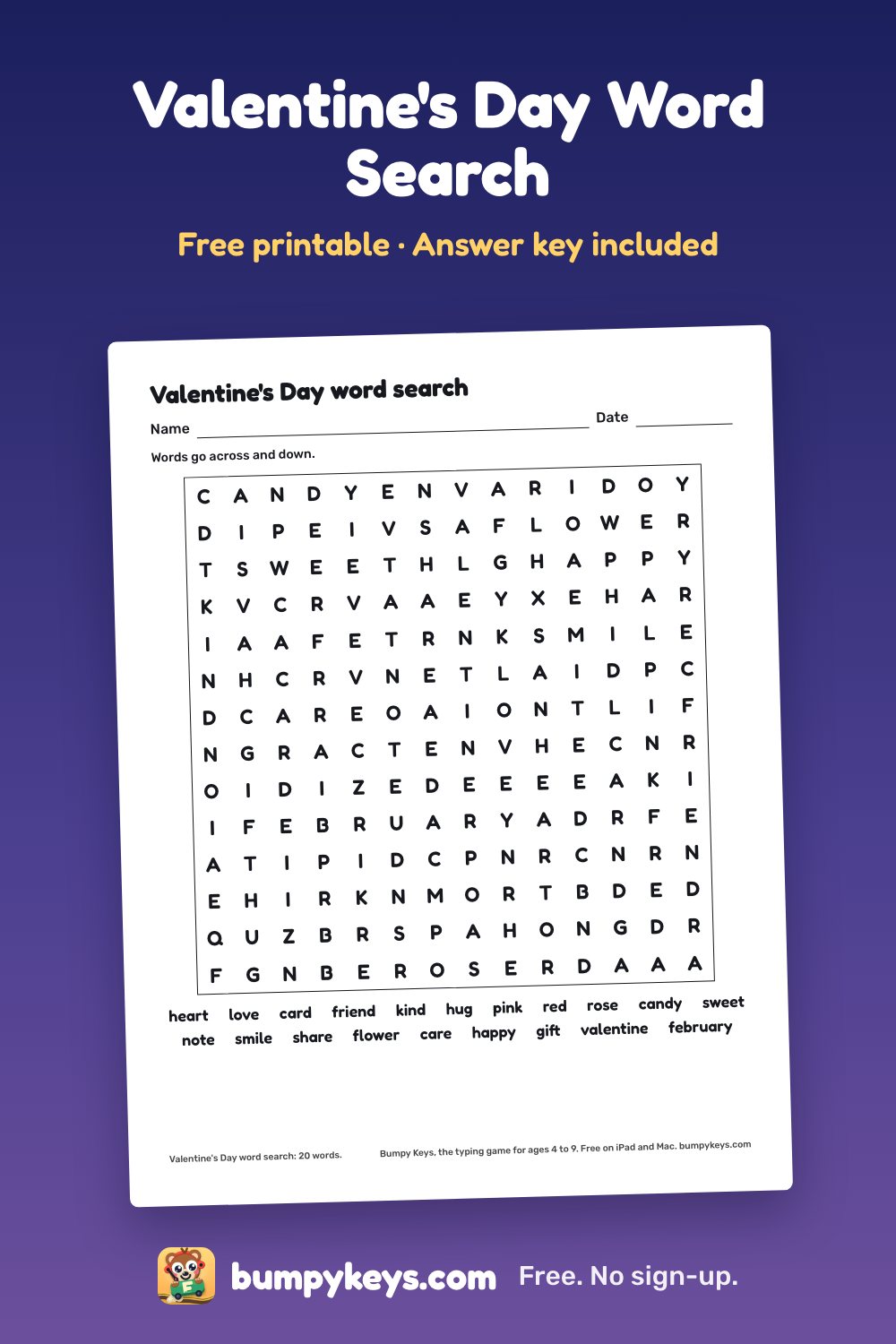 A printed Valentine's Day word search: a grid of letters with a list of 20 words to find under it