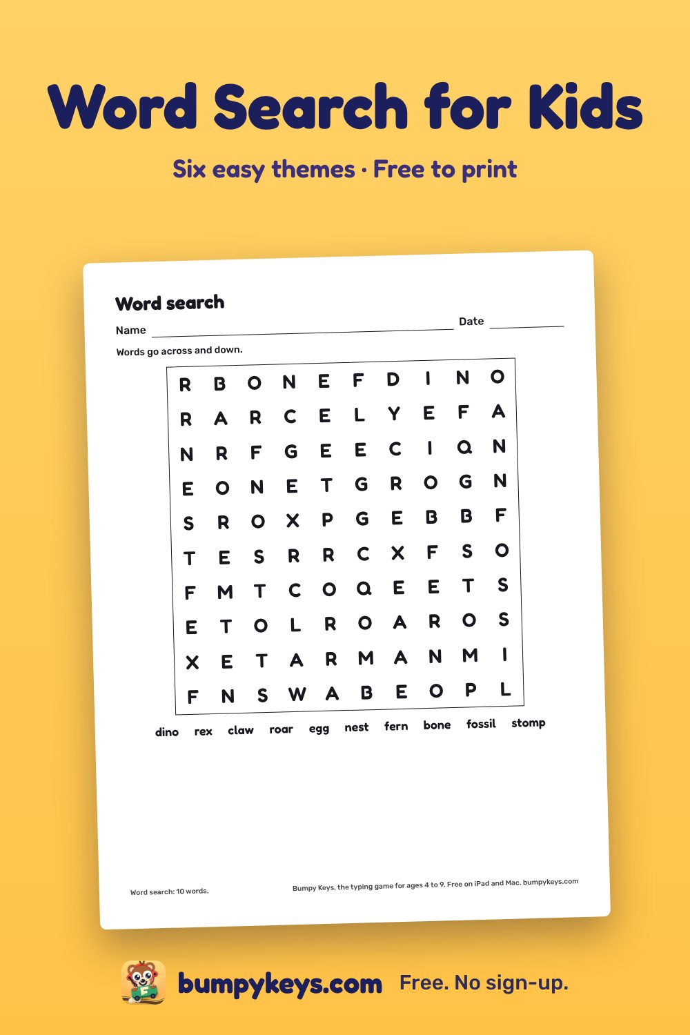 A printed word search for kids: a small grid of letters with ten dinosaur words to find under it