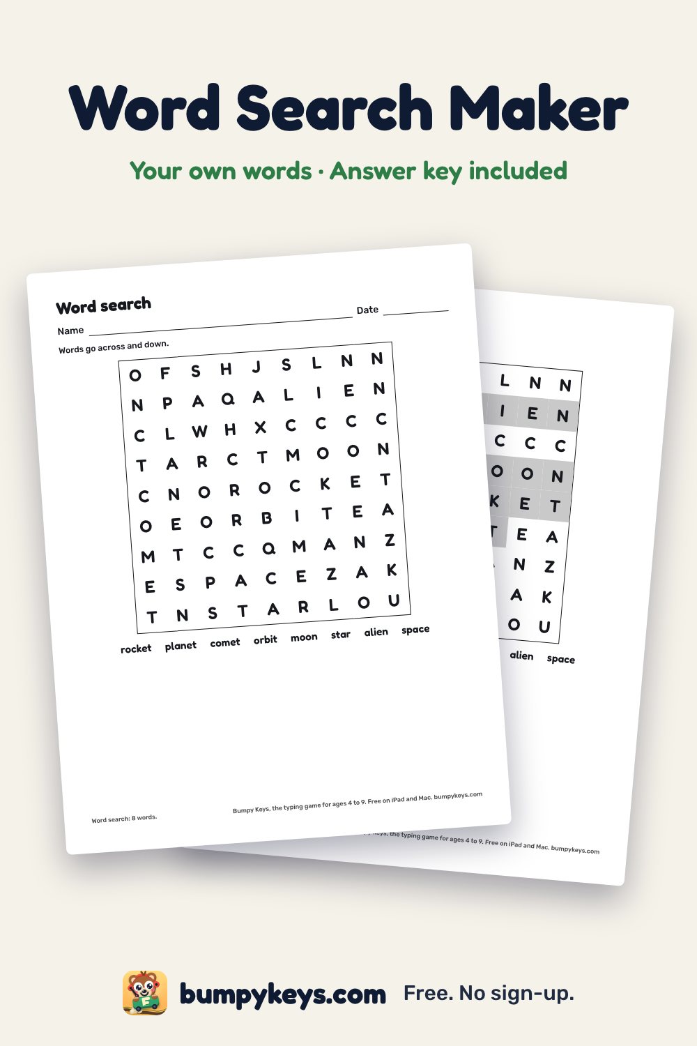 A printed word search made from a list of eight space words, with its answer key behind it