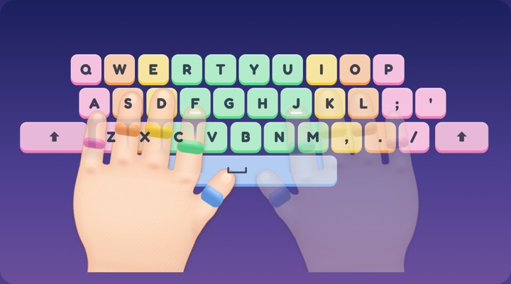 A keyboard with every key in the color of its finger and two hands resting on the home row