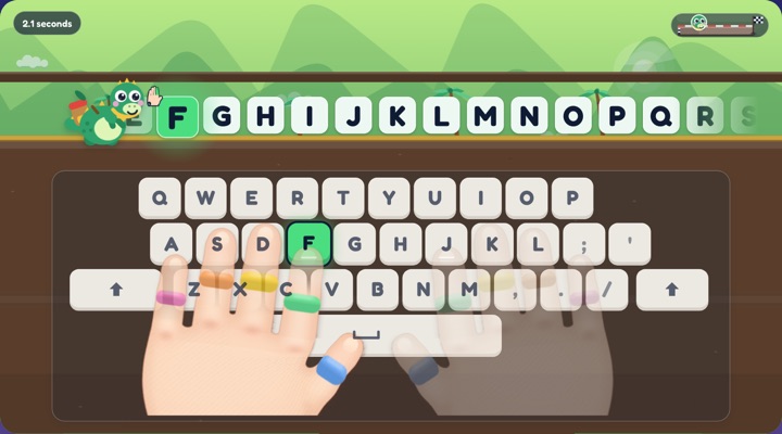 A dinosaur runs along letter tiles from A to Z above a keyboard with two hands