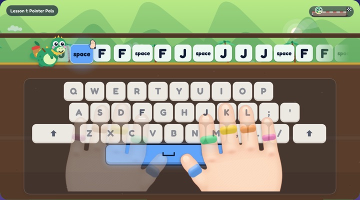 Lesson 1: a dinosaur on a road of F and J tiles, the F key lit on the keyboard