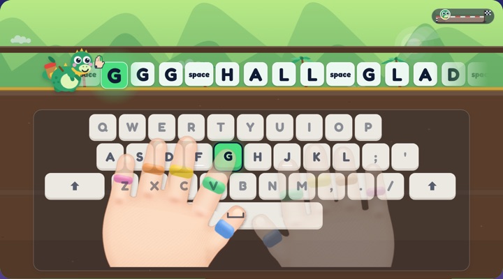 A dinosaur on a road of home row letters, with hands resting on the keyboard