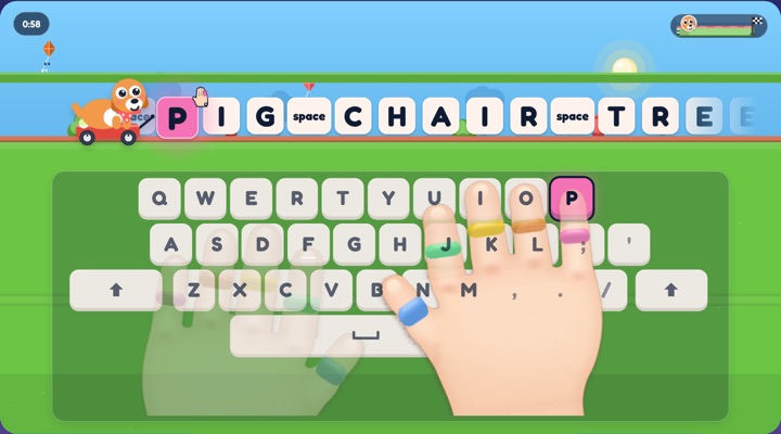 A puppy runs along word tiles under a one minute clock