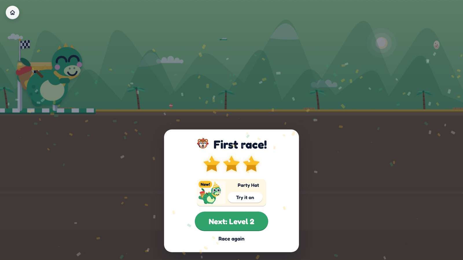 Three stars and a new Party Hat on the browser game’s first-race results card