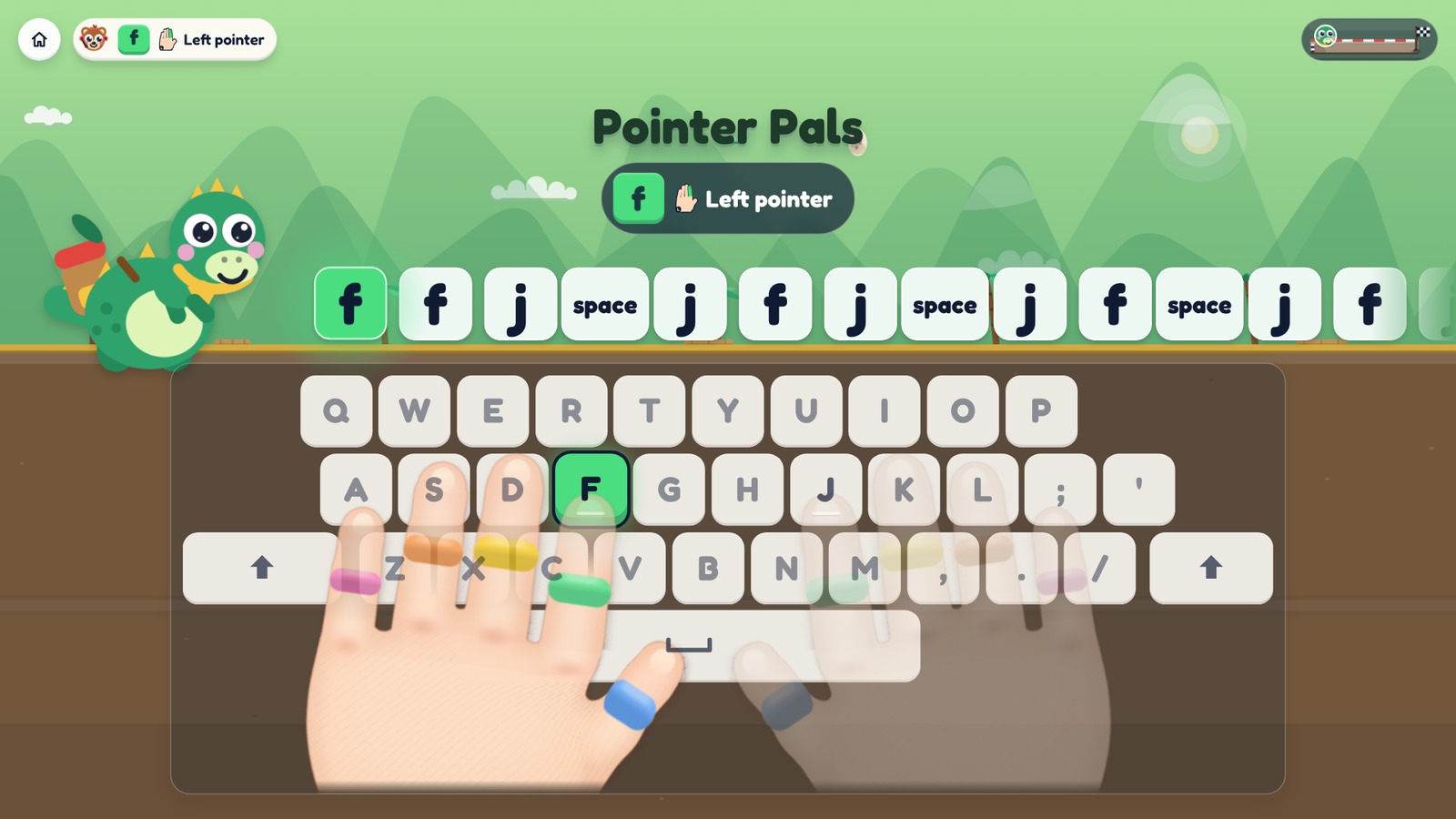 A Dino Dash browser lesson with F, J and space and a large finger guide