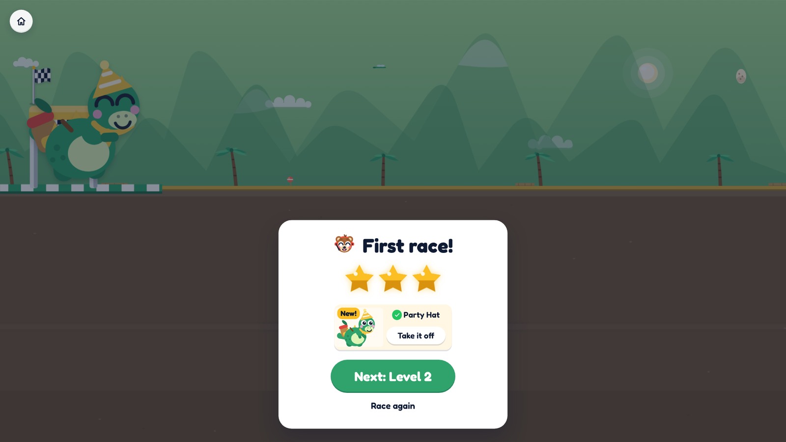The dinosaur wearing its Party Hat while the results card offers Take it off