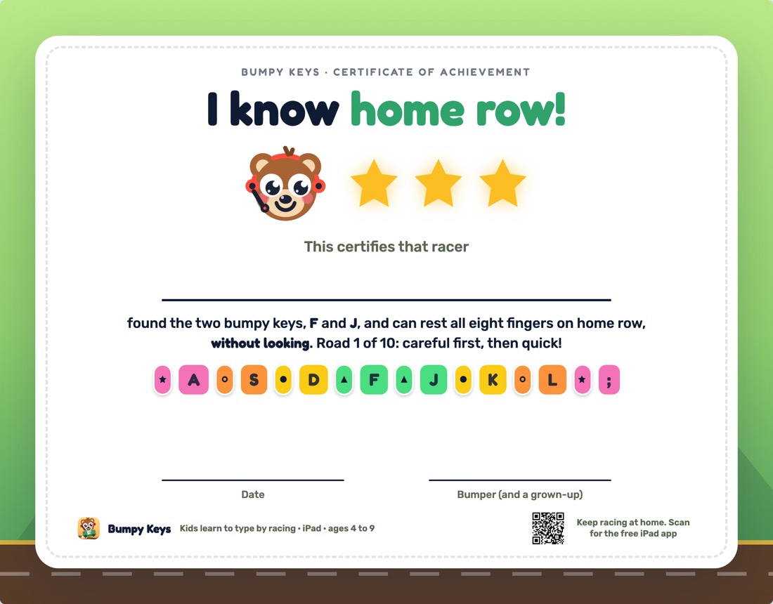 Certificate: I know home row, with Bumper the bear and three stars