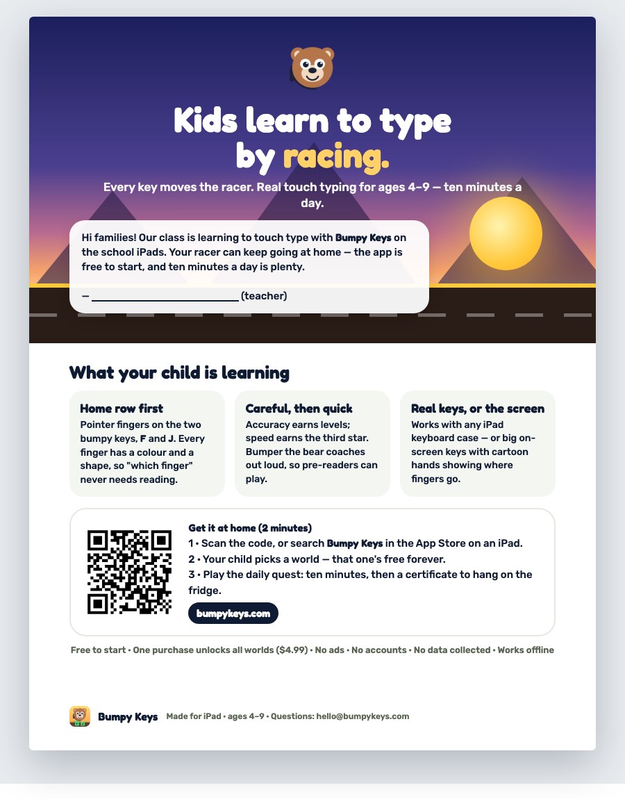 Take-home flyer: Bumpy Keys at home, with a QR code for families