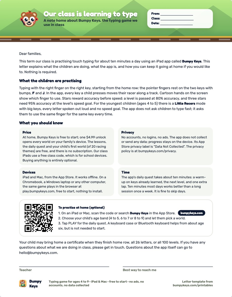 Letter home to families: our class is learning to type, with price, privacy and device facts