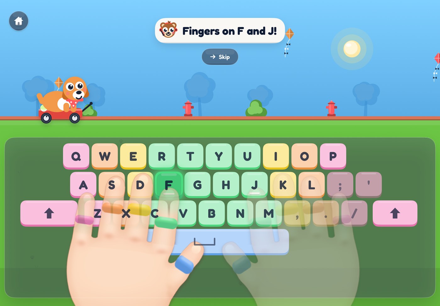 A Puppy Park lesson. Two hands rest on the keyboard and the F key glows.