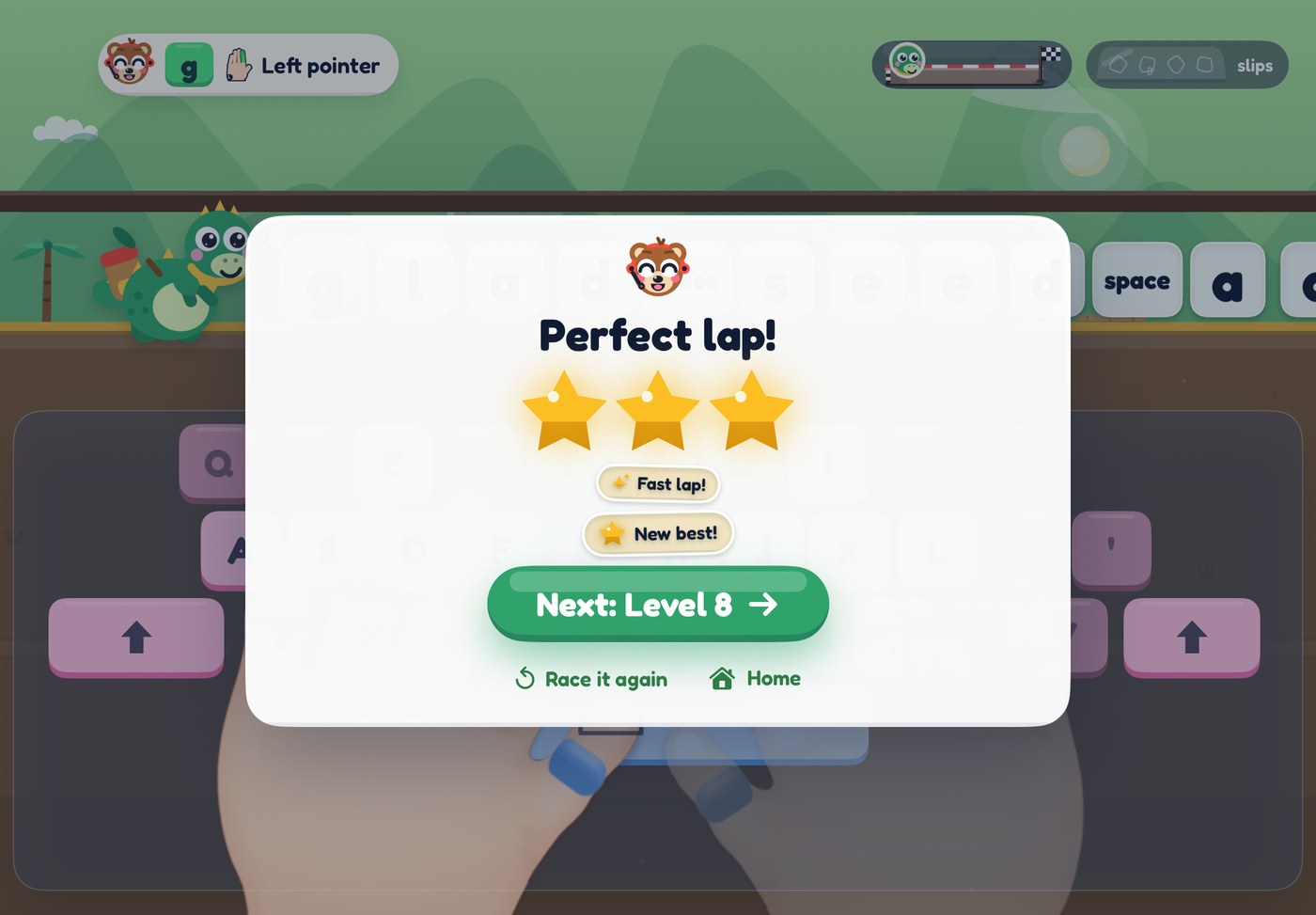 A three-star lap celebration with clear Next and Home choices
