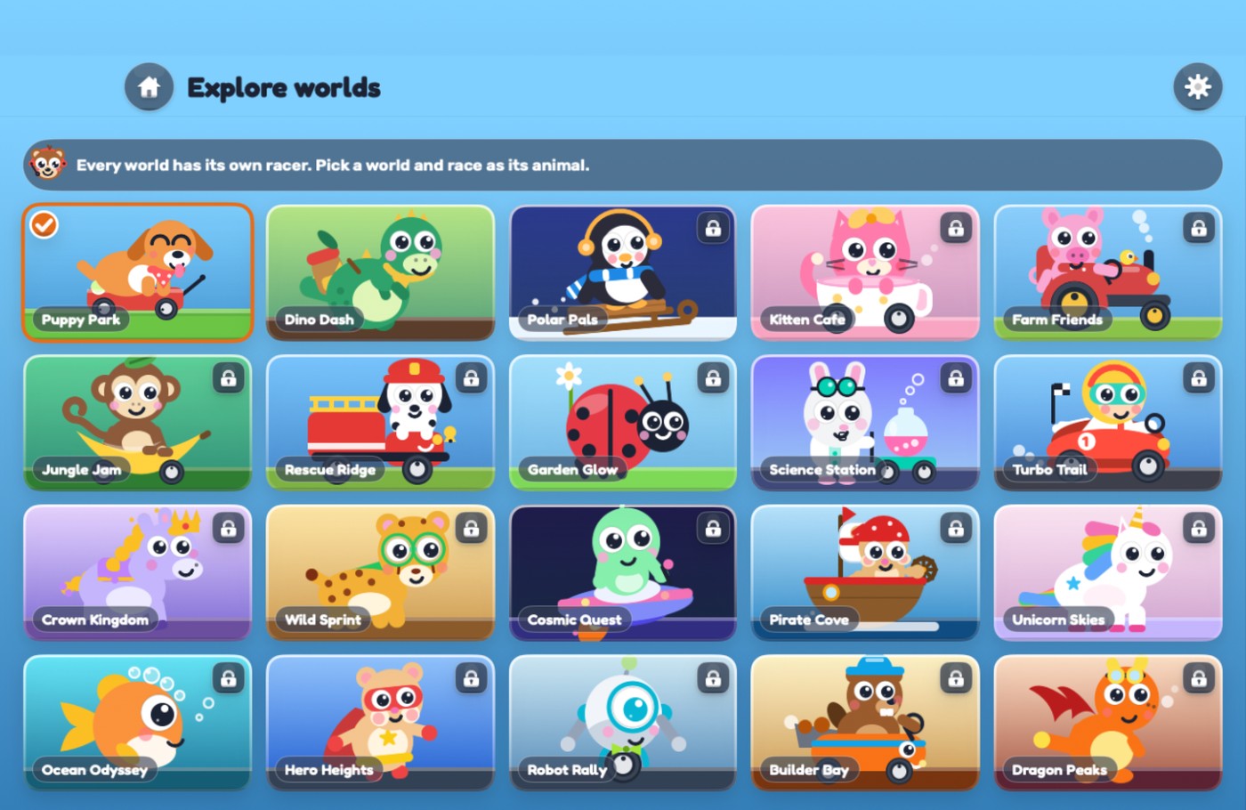 The twenty world cards, including Puppy Park and Dino Dash